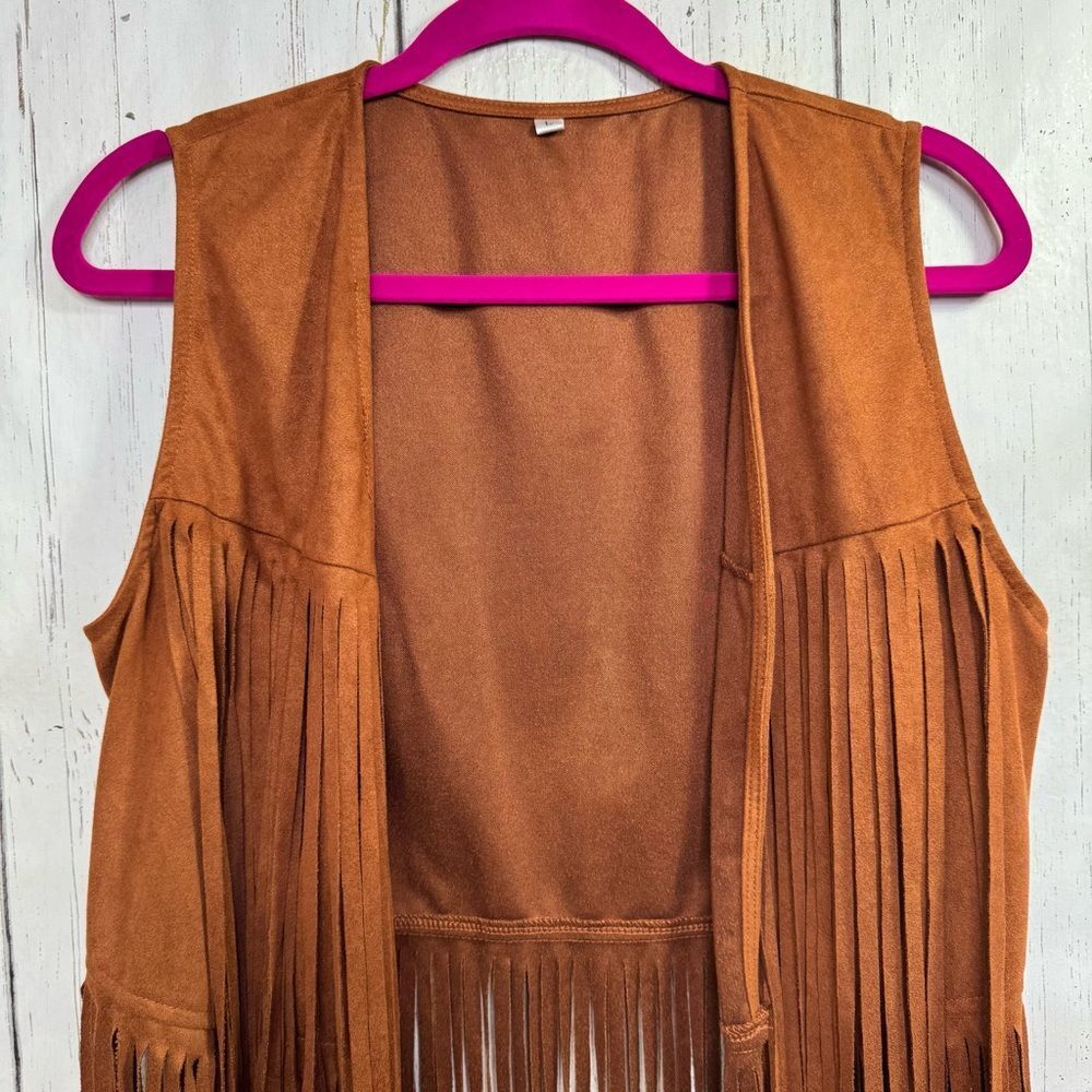 Brown Faux Suede Fringe Vest L Western Boho Chic Rodeo Festival Cowgirl Country - Picture 3 of 12